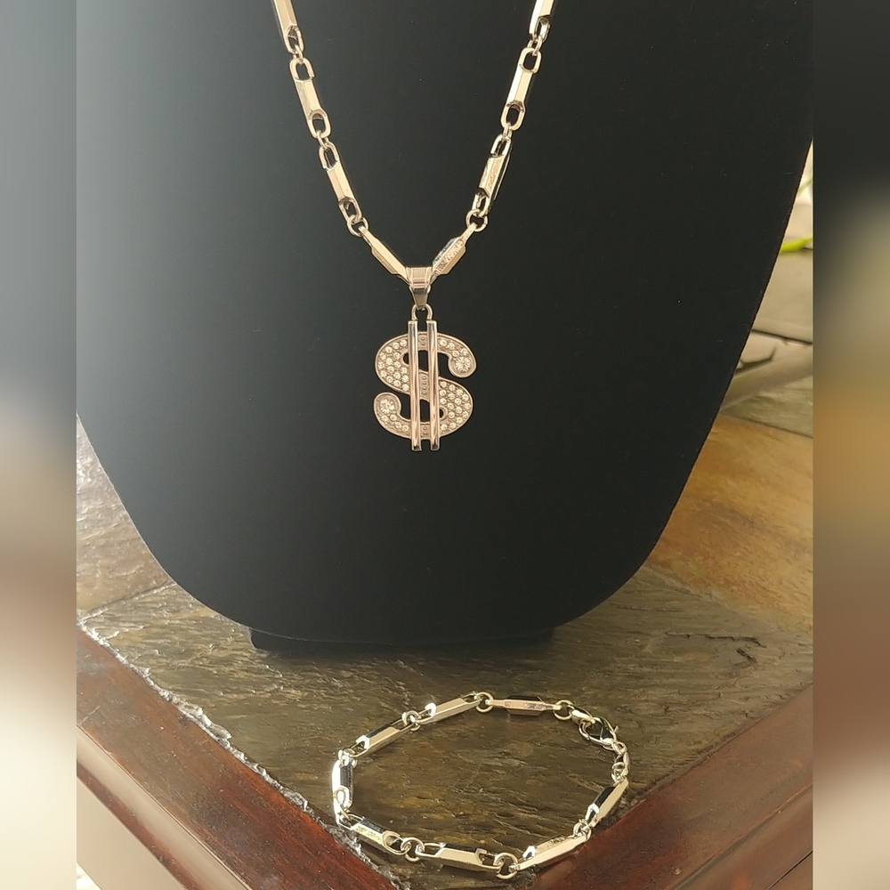 Cz Silver Dollar Sign Necklace and Bracelet Set